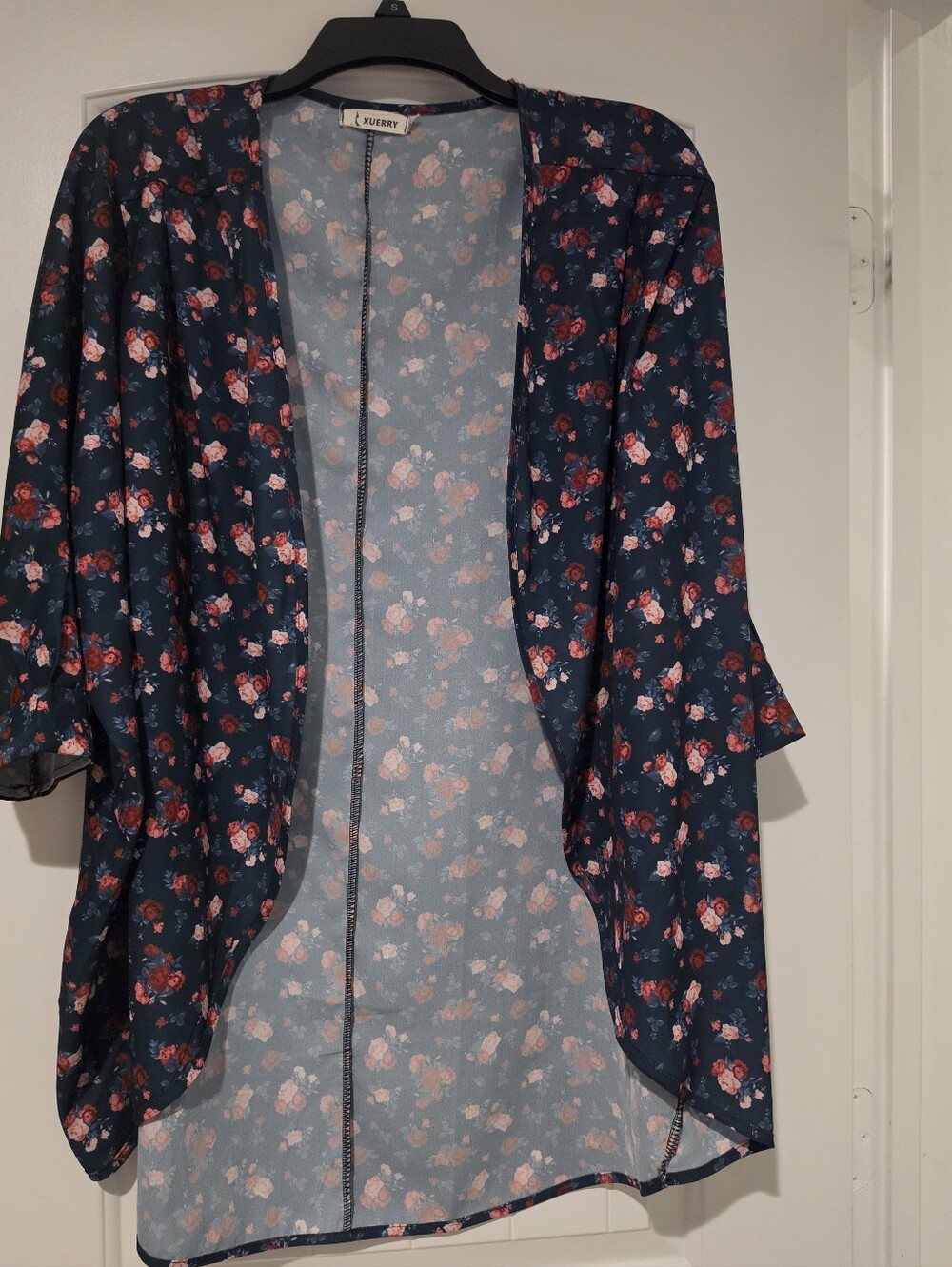 Teal Floral Open Kimono with Pink and Red Roses